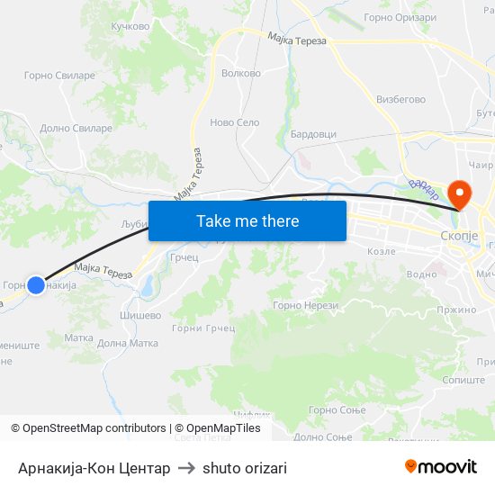 Арнакија-Кон Центар to shuto orizari map