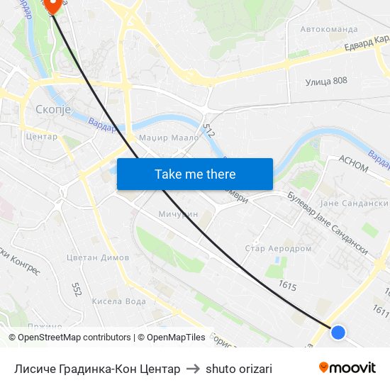 Лисиче Градинка-Кон Центар to shuto orizari map