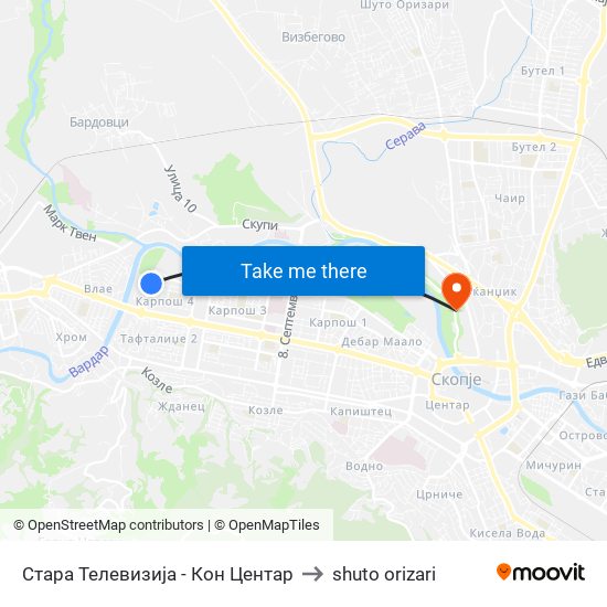 Стара Телевизија - Кон Центар to shuto orizari map