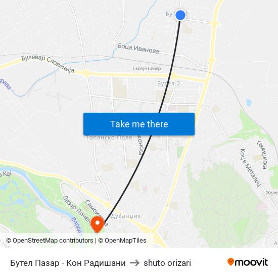 Бутел Пазар - Кон Радишани to shuto orizari map