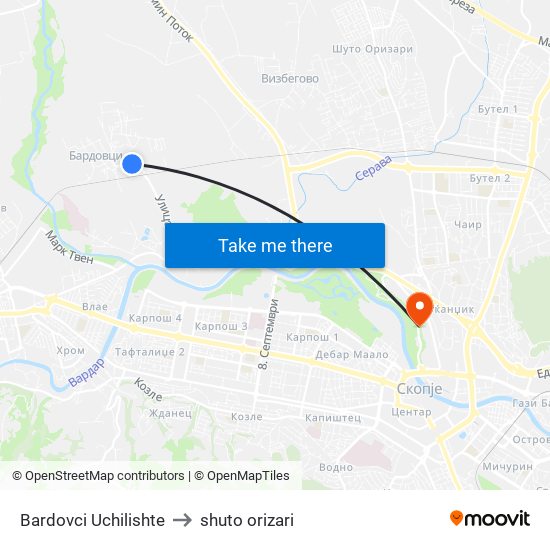 Bardovci Uchilishte to shuto orizari map