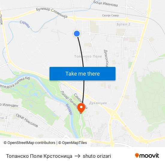 Топанско Поле Крстосница to shuto orizari map