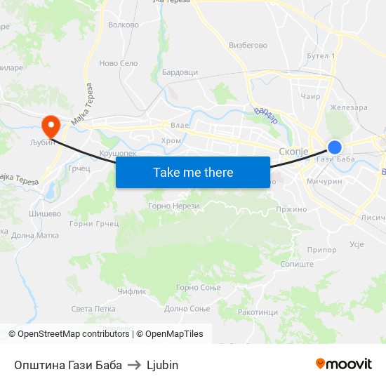 Општина Гази Баба to Ljubin map