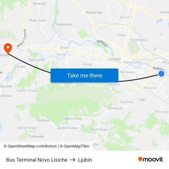Bus Terminal Novo Lisiche to Ljubin map