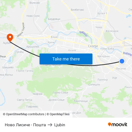 Novo Lisiche - Post Office to Ljubin map