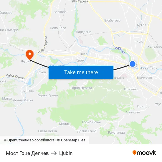 Goce Delchev Bridge to Ljubin map