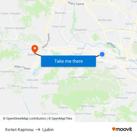 Hotel Karposh to Ljubin map