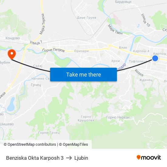 Benziska Okta Karposh 3 to Ljubin map