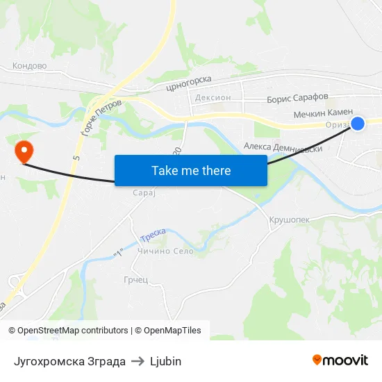 Југохромска Зграда to Ljubin map