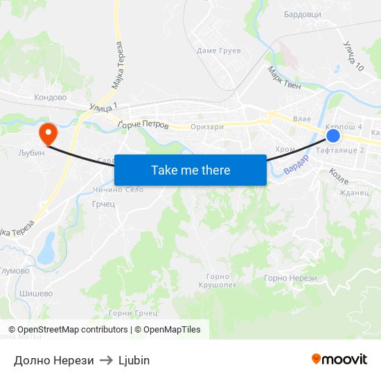 Долно Нерези to Ljubin map