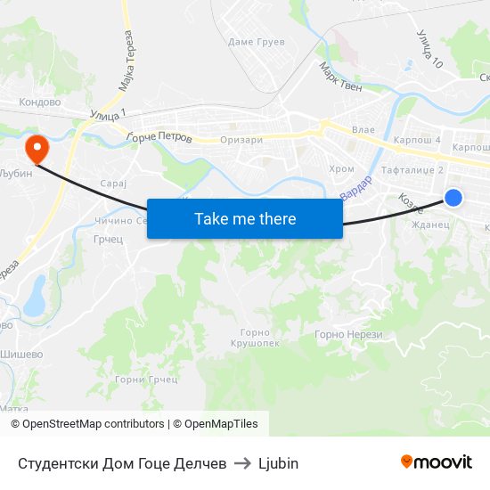 Студентски Дом Гоце Делчев to Ljubin map