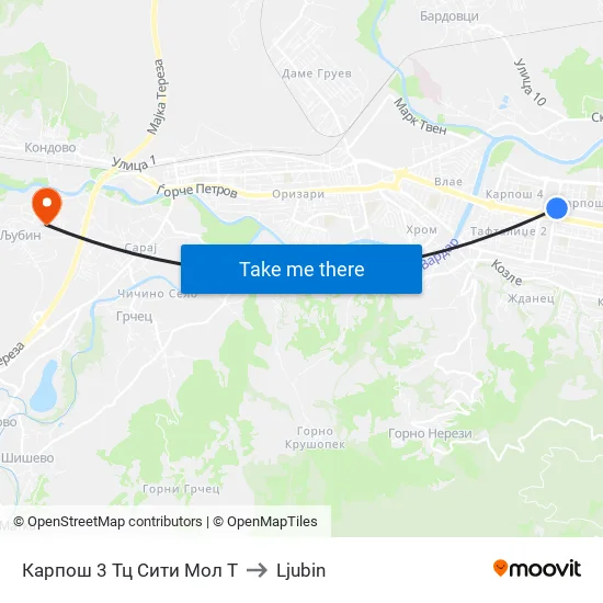 Karposh 3 City Mall T to Ljubin map