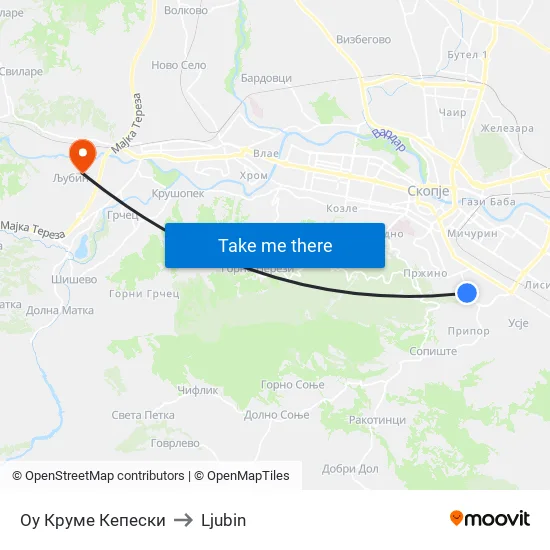 Krume Kepeski School to Ljubin map