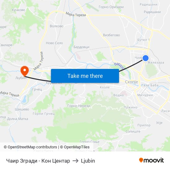 Чаир Згради - Кон Центар to Ljubin map