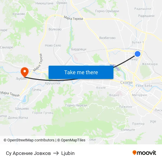 St Arsenie Jovkov to Ljubin map