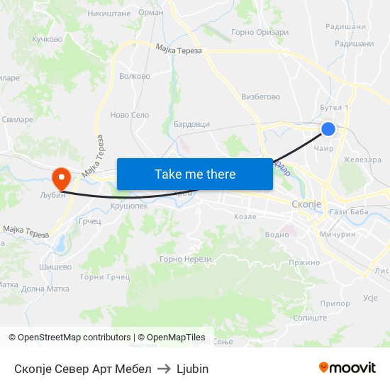 Скопје Север Арт Мебел to Ljubin map