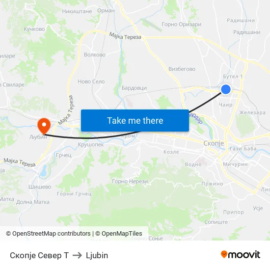 Skopje North T to Ljubin map