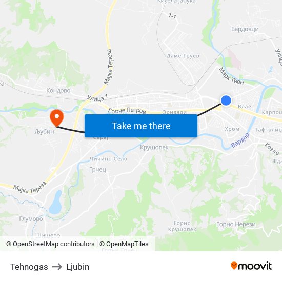 Tehnogas to Ljubin map