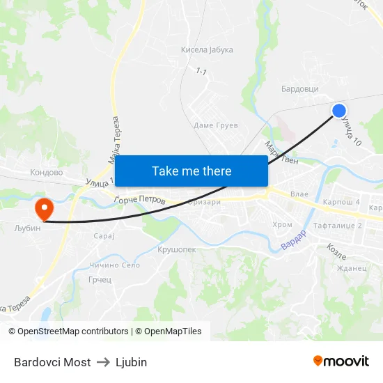Bardovci Bridge to Ljubin map