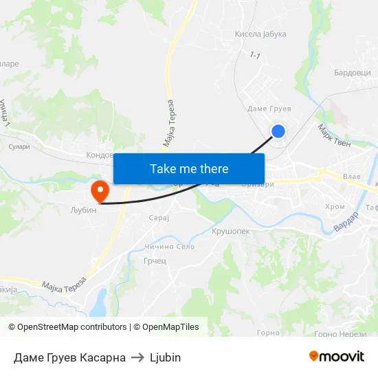 Dame Gruev Barracks to Ljubin map