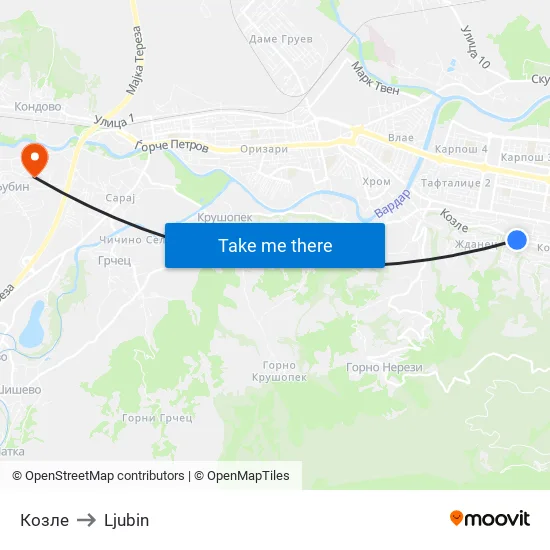 Kozle to Ljubin map