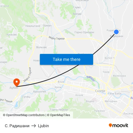 Village Radishani to Ljubin map