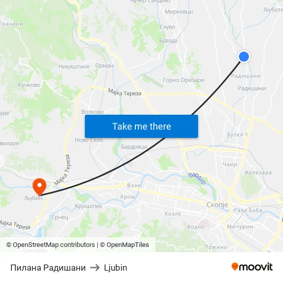 Пилана Радишани to Ljubin map