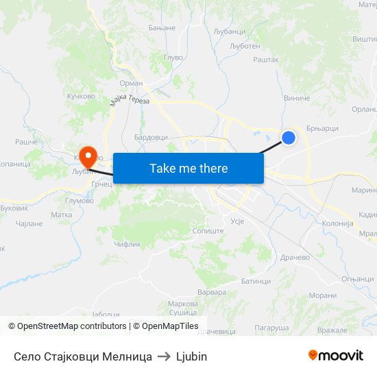 Село Стајковци Мелница to Ljubin map