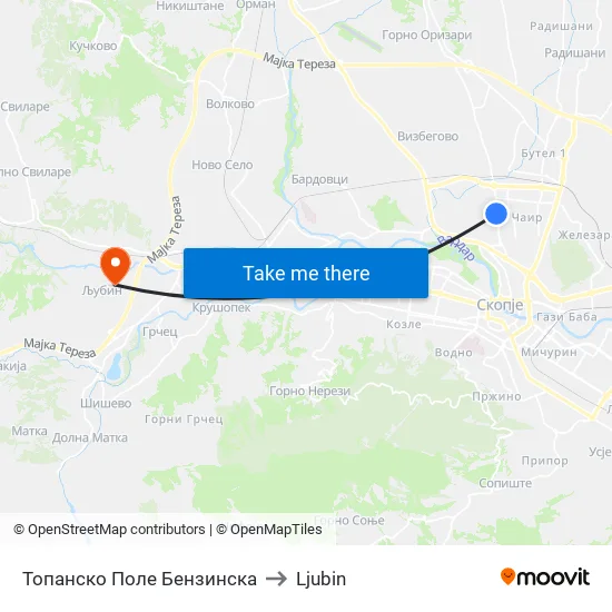 Топанско Поле Бензинска to Ljubin map