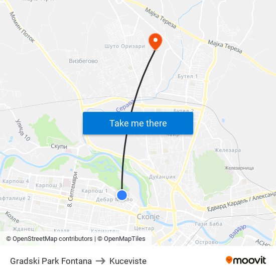 Gradski Park Fontana to Kuceviste map