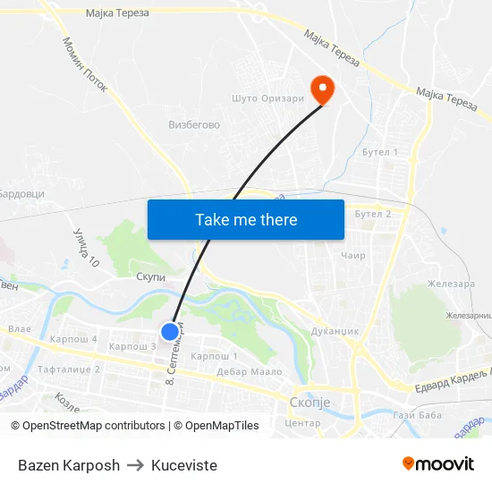 Bazen Karposh to Kuceviste map