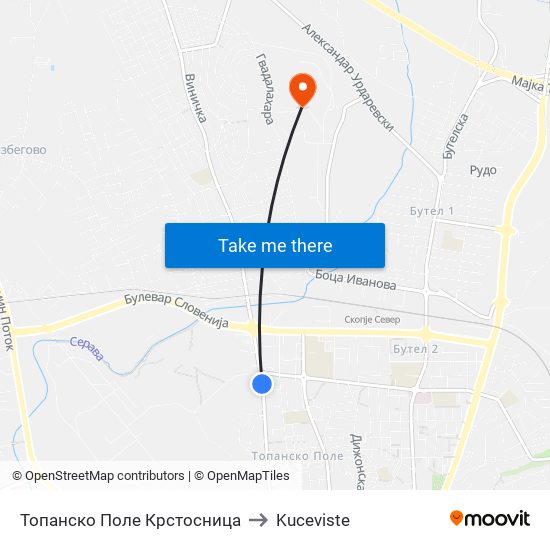 Топанско Поле Крстосница to Kuceviste map