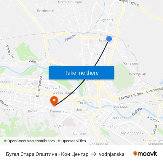 Бутел Стара Општина - Кон Центар to vodnjanska map