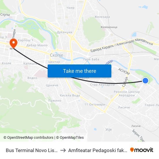 Bus Terminal Novo Lisiche to Amfiteatar Pedagoski fakultet map
