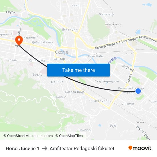 Ново Лисиче 1 to Amfiteatar Pedagoski fakultet map