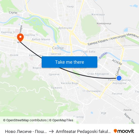 Ново Лисиче - Пошта to Amfiteatar Pedagoski fakultet map