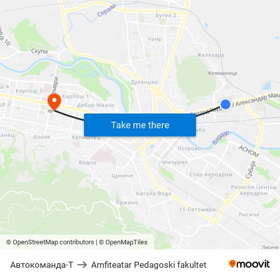 Автокоманда-Т to Amfiteatar Pedagoski fakultet map