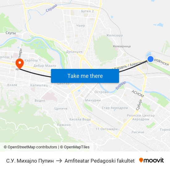 С.У. Михајло Пупин to Amfiteatar Pedagoski fakultet map