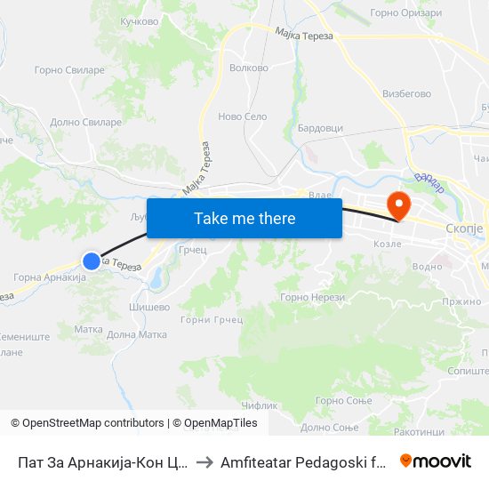 Пат За Арнакија-Кон Центар to Amfiteatar Pedagoski fakultet map