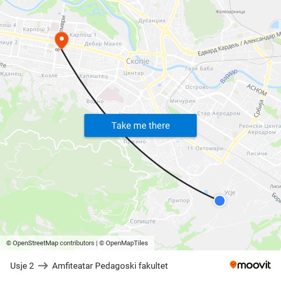 Usje 2 to Amfiteatar Pedagoski fakultet map