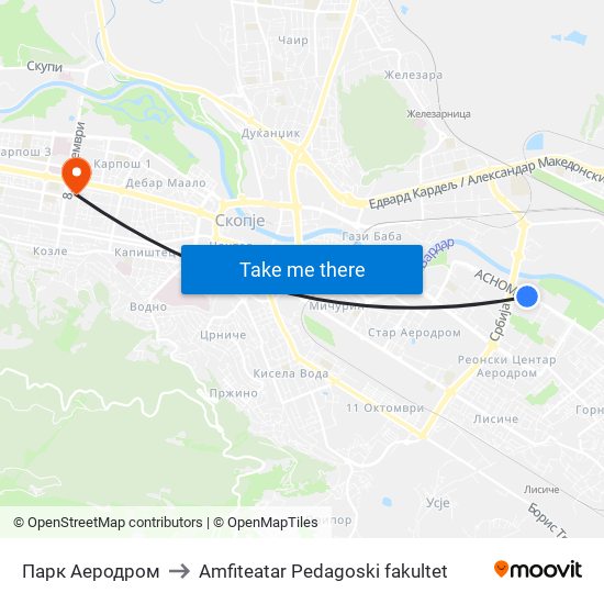 Парк Аеродром to Amfiteatar Pedagoski fakultet map