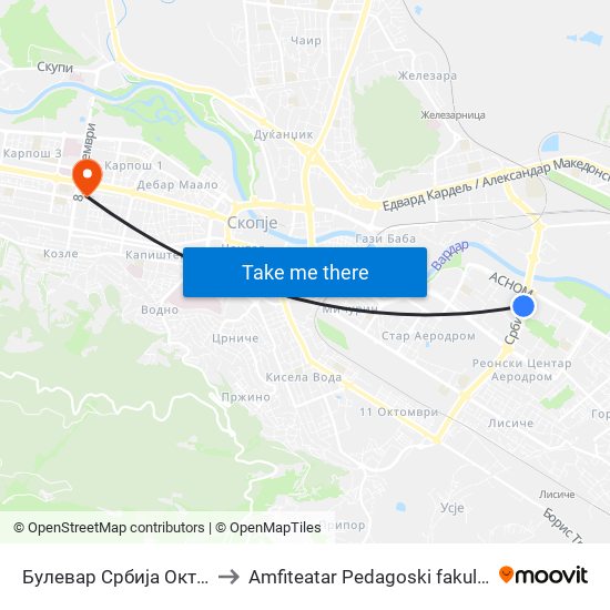Булевар Србија Октан to Amfiteatar Pedagoski fakultet map
