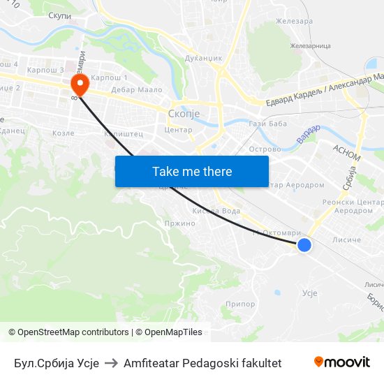 Бул.Србија Усје to Amfiteatar Pedagoski fakultet map