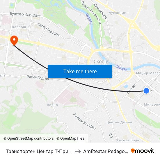 Транспортен Центар Т-Приградски Линии to Amfiteatar Pedagoski fakultet map