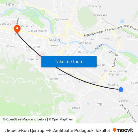 Лисиче-Кон Центар to Amfiteatar Pedagoski fakultet map