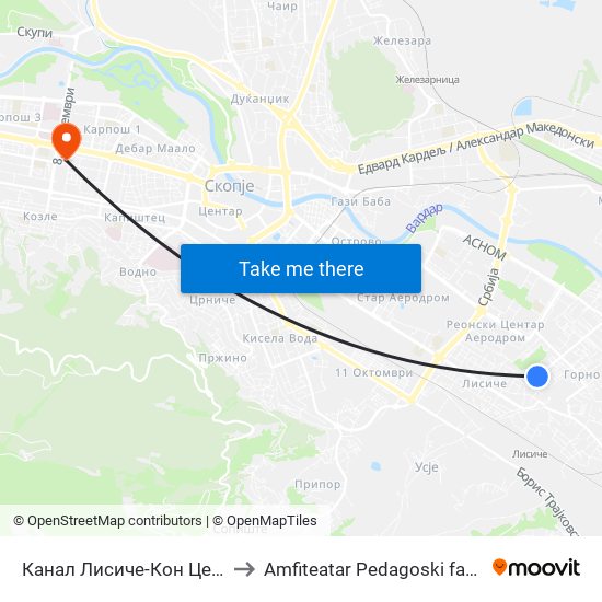 Канал Лисиче-Кон Центар to Amfiteatar Pedagoski fakultet map