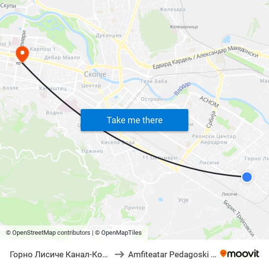 Горно Лисиче Канал-Кон Центар to Amfiteatar Pedagoski fakultet map