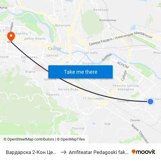 Вардарска 2-Кон Центар to Amfiteatar Pedagoski fakultet map