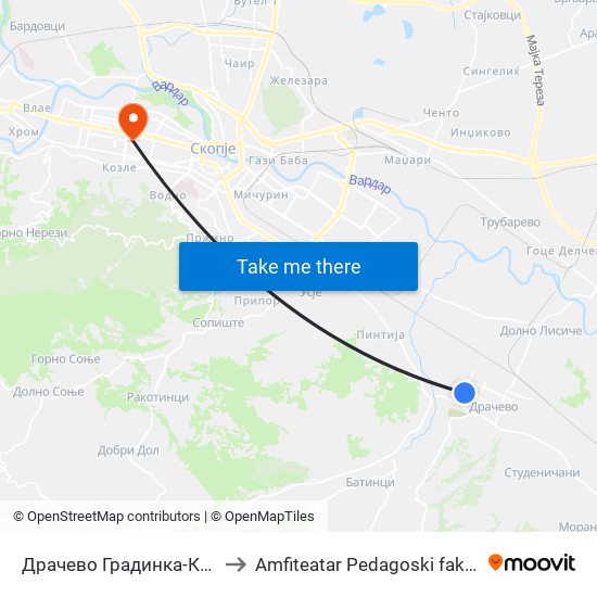 Драчево Градинка-Кон Т to Amfiteatar Pedagoski fakultet map