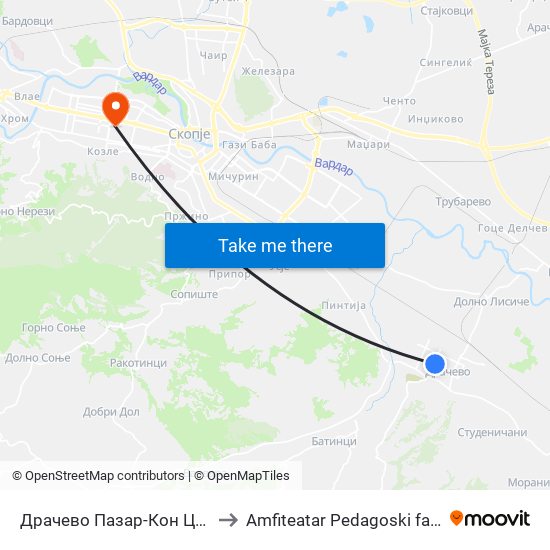 Драчево Пазар-Кон Центар to Amfiteatar Pedagoski fakultet map